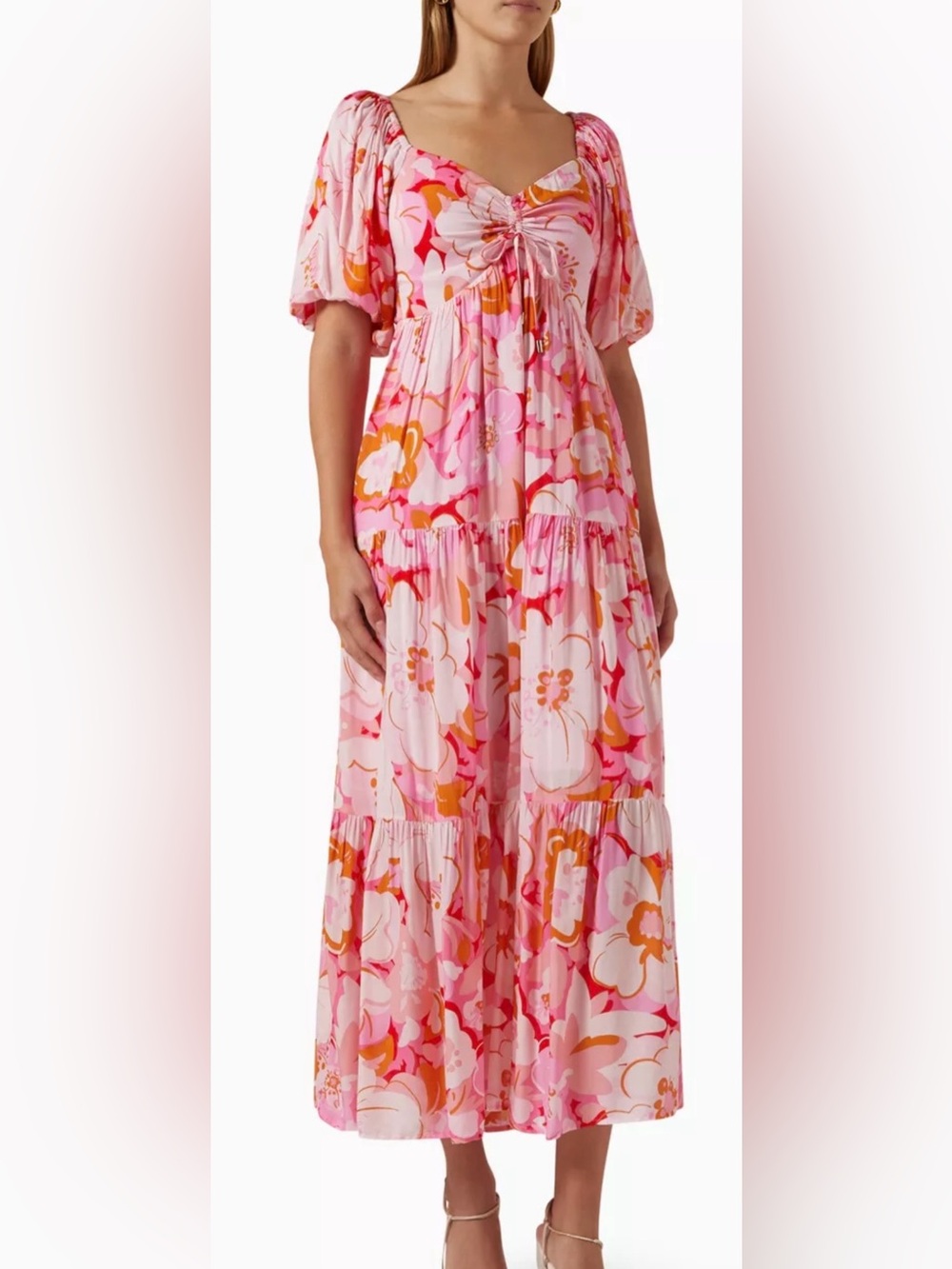 Minkpink Dress Pink Floral Puff Sleeves Size Large Women’s Vibrant